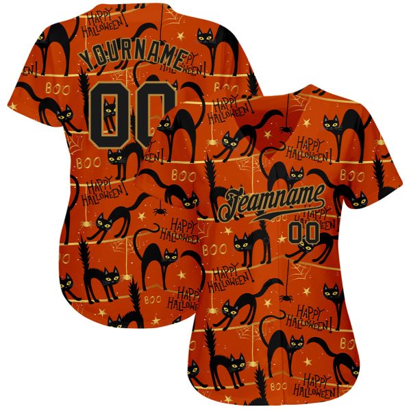 Custom 3D Pattern Happy Halloween Black Cats Spiders Authentic Baseball Jersey - Image 2