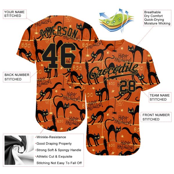 Custom 3D Pattern Happy Halloween Black Cats Spiders Authentic Baseball Jersey - Image 3