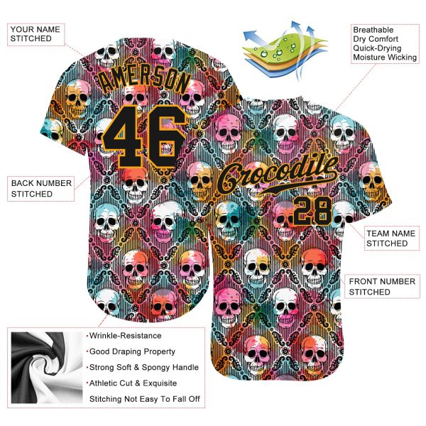 Custom 3D Pattern Halloween Skulls Authentic Baseball Jersey - Image 3