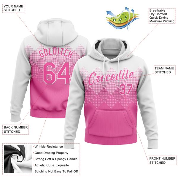 Custom Stitched White Pink 3D Pattern Design Sports Pullover Sweatshirt Hoodie - Image 2