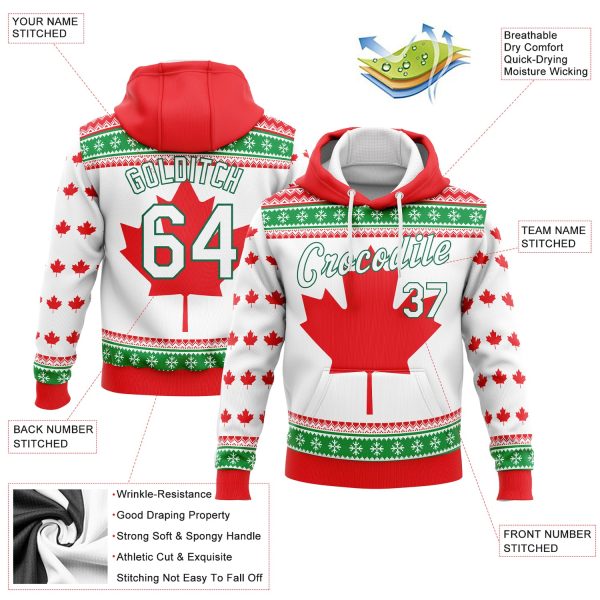 Custom Stitched Red White-Kelly Green 3D Canadian Flag Sports Pullover Sweatshirt Hoodie - Image 2