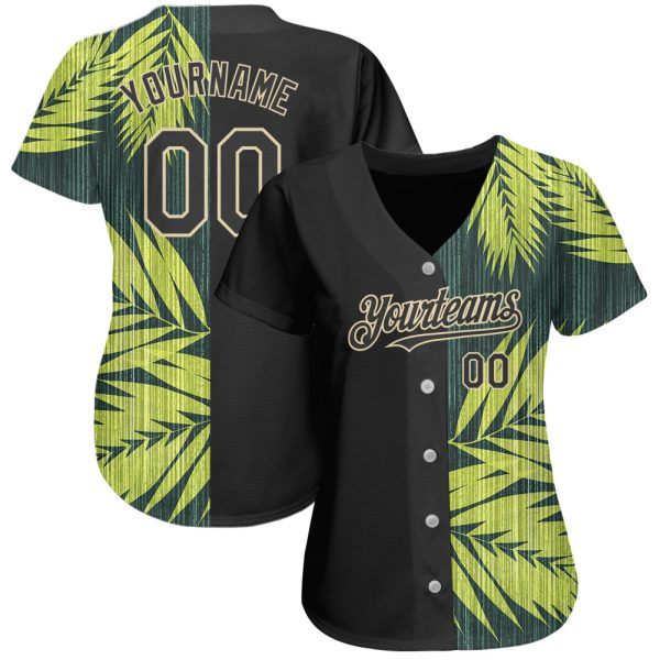 Custom Black City Cream 3D Pattern Design Hawaii Tropical Palm Leaves Authentic Baseball Jersey - Image 2