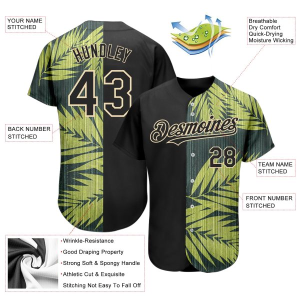 Custom Black City Cream 3D Pattern Design Hawaii Tropical Palm Leaves Authentic Baseball Jersey - Image 3