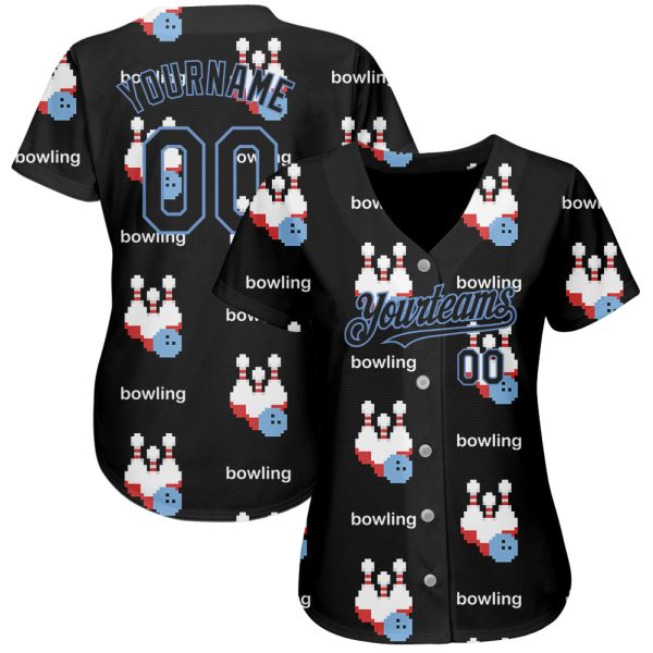 Custom Black Light Blue 3D Pattern Design Bowling Authentic Baseball Jersey - Image 2