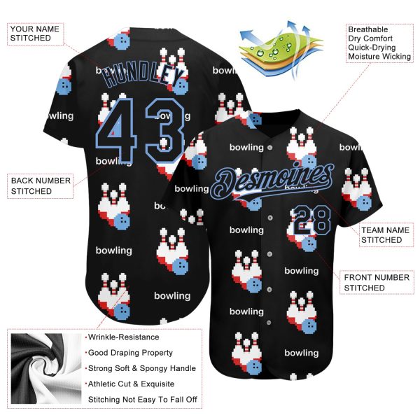 Custom Black Light Blue 3D Pattern Design Bowling Authentic Baseball Jersey - Image 3
