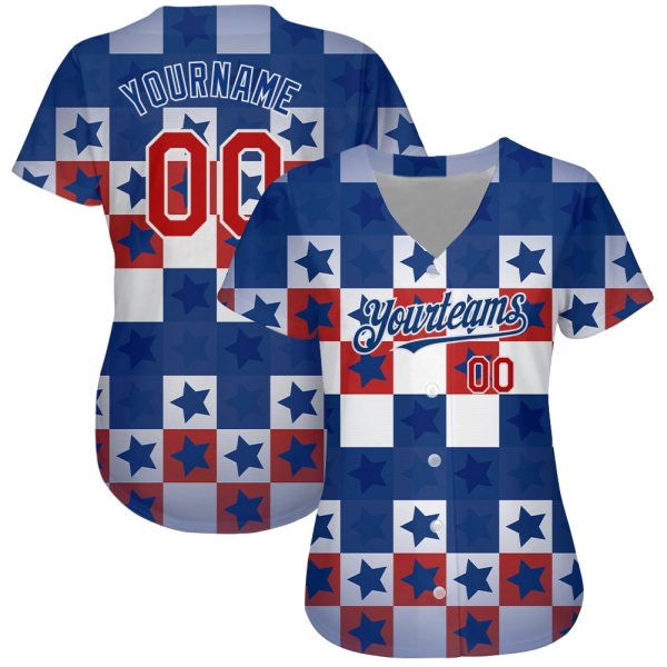 Custom Royal Red-White 3D American Flag Authentic Baseball Jersey - Image 2