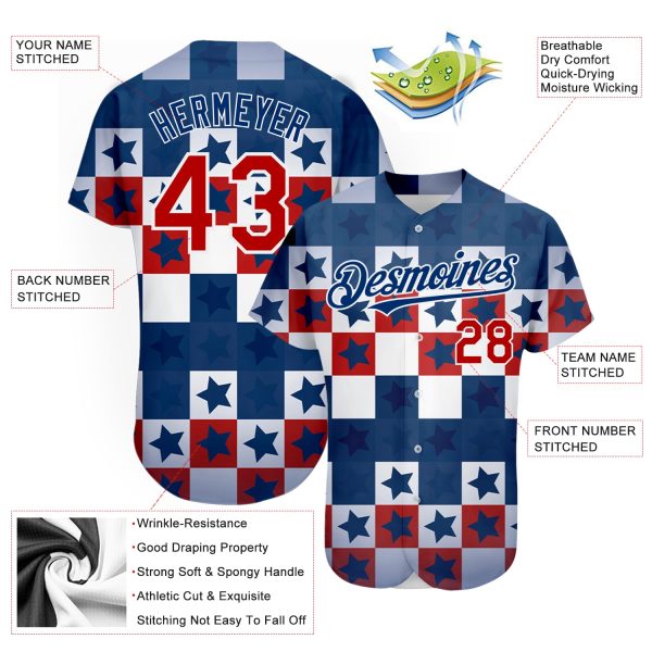 Custom Royal Red-White 3D American Flag Authentic Baseball Jersey - Image 3