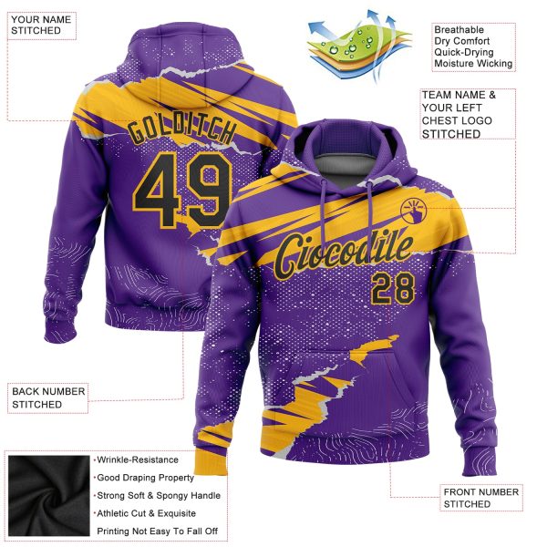Custom Stitched Purple Black-Gold 3D Pattern Design Torn Paper Style Sports Pullover Sweatshirt Hoodie - Image 2