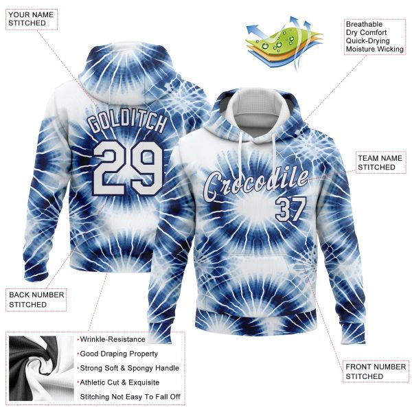 Custom Stitched Tie Dye White-Navy 3D Abstract Style Sports Pullover Sweatshirt Hoodie - Image 2