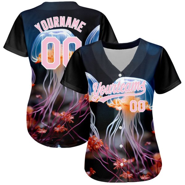 Custom Black Light Pink-White 3D Pattern Design Jellyfish Underwater Life Authentic Baseball Jersey - Image 2