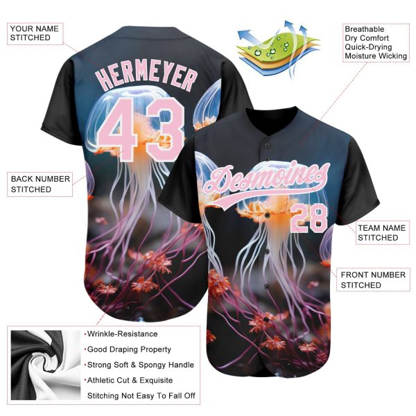 Custom Black Light Pink-White 3D Pattern Design Jellyfish Underwater Life Authentic Baseball Jersey - Image 3