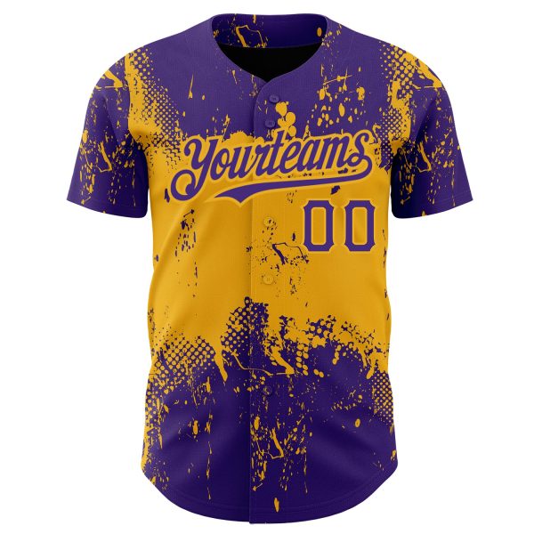 Custom Purple Gold 3D Pattern Design Abstract Splatter Grunge Art Authentic Baseball Jersey - Image 2