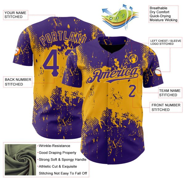 Custom Purple Gold 3D Pattern Design Abstract Splatter Grunge Art Authentic Baseball Jersey - Image 3