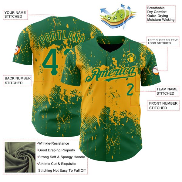 Custom Kelly Green Gold 3D Pattern Design Abstract Splatter Grunge Art Authentic Baseball Jersey - Image 3