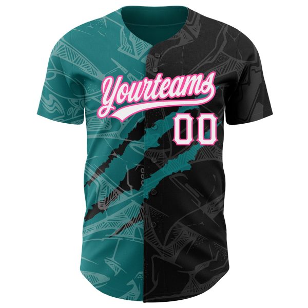 Custom Graffiti Pattern Black Teal-Pink 3D Scratch Authentic Baseball Jersey - Image 2