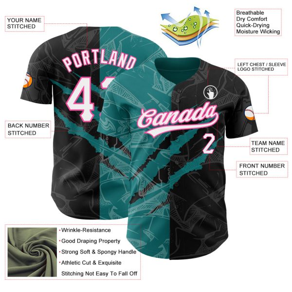 Custom Graffiti Pattern Black Teal-Pink 3D Scratch Authentic Baseball Jersey - Image 3