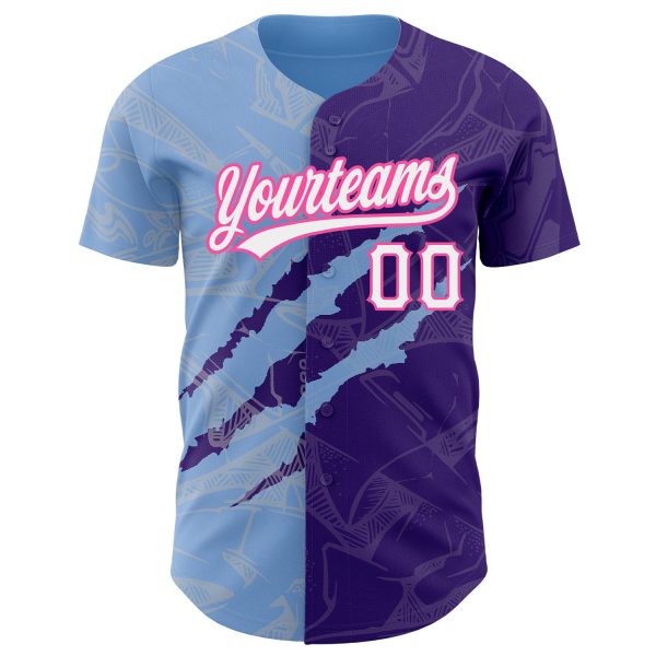 Custom Graffiti Pattern Purple Light Blue-Pink 3D Scratch Authentic Baseball Jersey - Image 2
