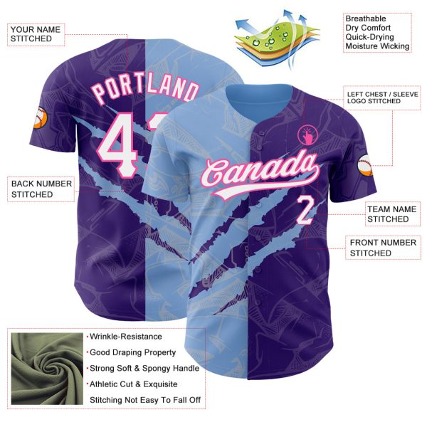 Custom Graffiti Pattern Purple Light Blue-Pink 3D Scratch Authentic Baseball Jersey - Image 3