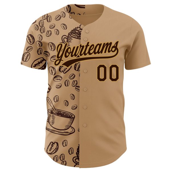 Custom Brown Old Gold 3D Pattern Design International Coffee Day Authentic Baseball Jersey - Image 2