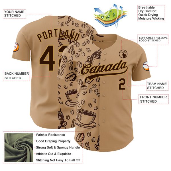 Custom Brown Old Gold 3D Pattern Design International Coffee Day Authentic Baseball Jersey - Image 3