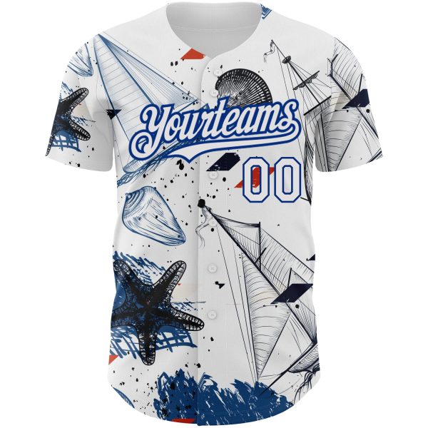 Custom White Royal 3D Pattern Design Sailing Boats Authentic Baseball Jersey - Image 2
