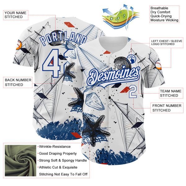 Custom White Royal 3D Pattern Design Sailing Boats Authentic Baseball Jersey - Image 3