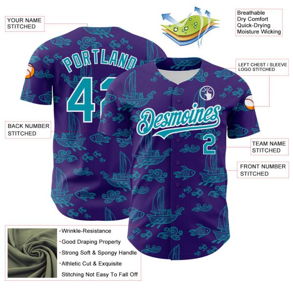 Custom Purple Teal-White 3D Pattern Design Boats And Fish Authentic Baseball Jersey - Image 3