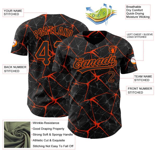 Custom Black Orange 3D Pattern Design Abstract Network Authentic Baseball Jersey - Image 3
