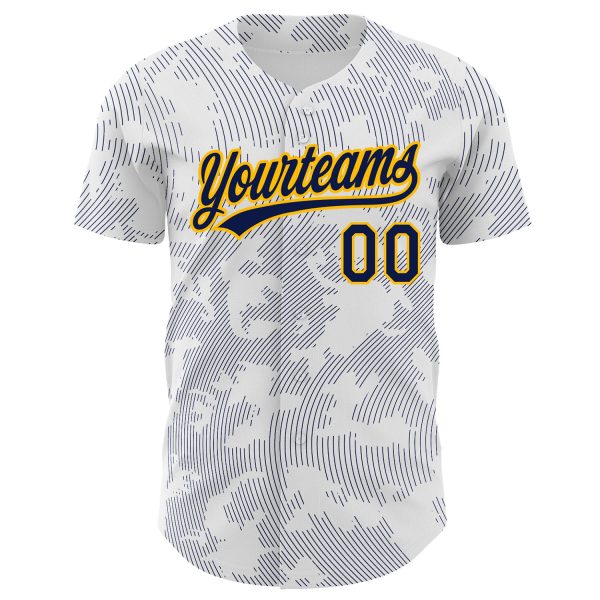 Custom White Navy-Gold 3D Pattern Design Curve Lines Authentic Baseball Jersey - Image 2