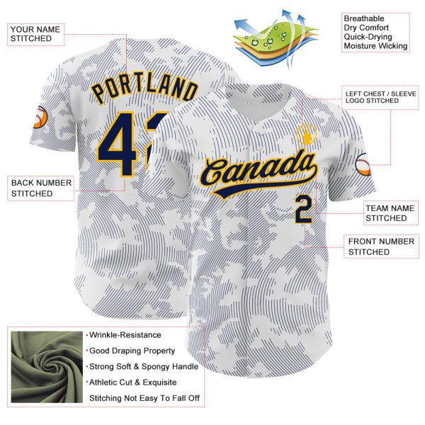 Custom White Navy-Gold 3D Pattern Design Curve Lines Authentic Baseball Jersey - Image 3