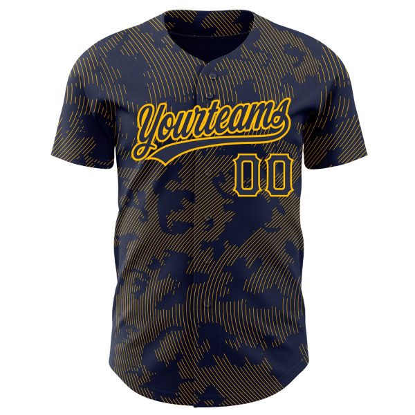 Custom Navy Gold 3D Pattern Design Curve Lines Authentic Baseball Jersey - Image 2