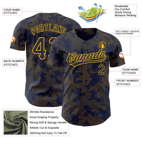 Custom Navy Gold 3D Pattern Design Curve Lines Authentic Baseball Jersey - Image 3