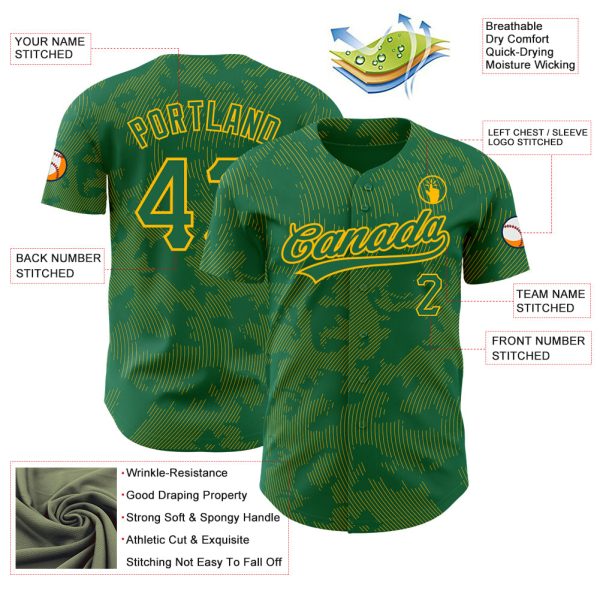 Custom Kelly Green Gold 3D Pattern Design Curve Lines Authentic Baseball Jersey - Image 3
