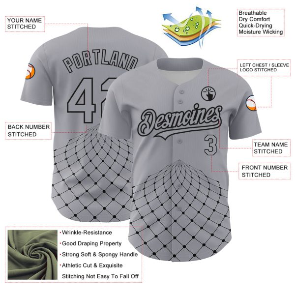 Custom Gray Black 3D Pattern Design Geometric Grid Authentic Baseball Jersey - Image 3