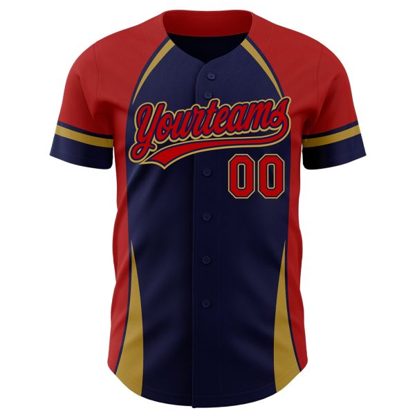 Custom Navy Red-Old Gold 3D Pattern Design Curve Solid Authentic Baseball Jersey - Image 2
