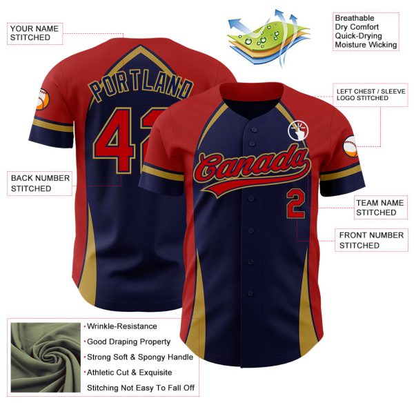 Custom Navy Red-Old Gold 3D Pattern Design Curve Solid Authentic Baseball Jersey - Image 3