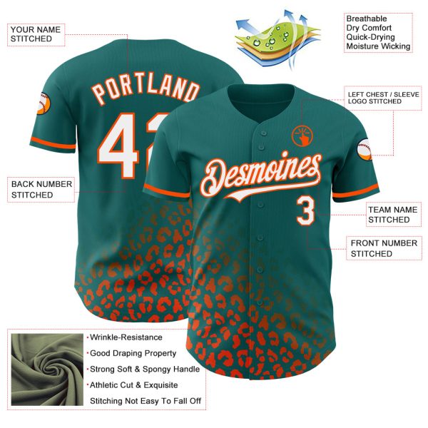 Custom Teal White-Orange 3D Pattern Design Leopard Print Fade Fashion Authentic Baseball Jersey - Image 3