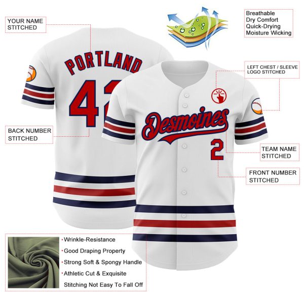 Custom White Red-Navy Line Authentic Baseball Jersey - Image 3