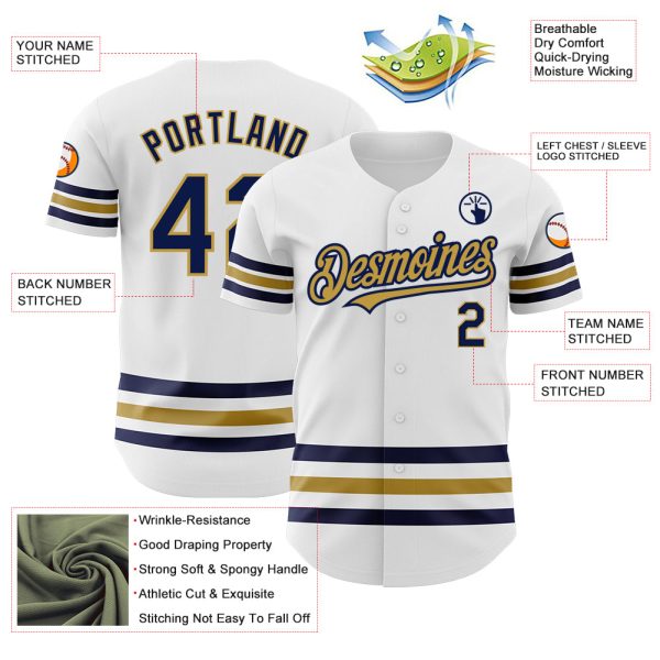 Custom White Navy-Old Gold Line Authentic Baseball Jersey - Image 3