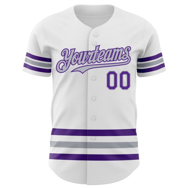 Custom White Purple-Gray Line Authentic Baseball Jersey - Image 2