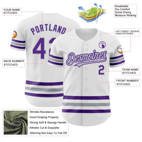 Custom White Purple-Gray Line Authentic Baseball Jersey - Image 3