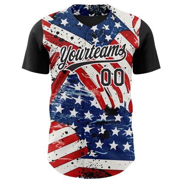 Custom White Black Royal-Red 3D American Flag Patriotic Authentic Baseball Jersey - Image 2