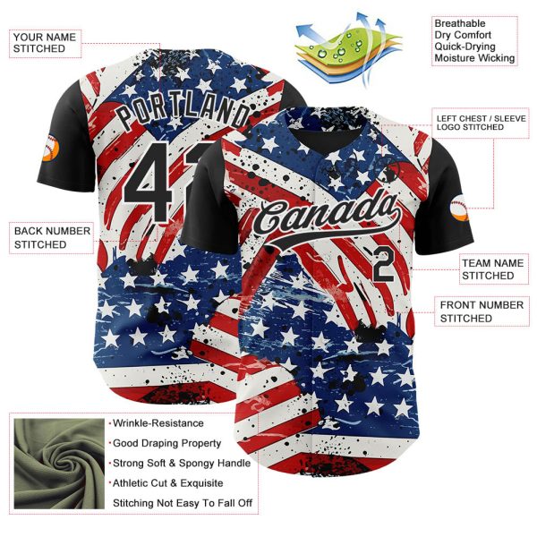 Custom White Black Royal-Red 3D American Flag Patriotic Authentic Baseball Jersey - Image 3