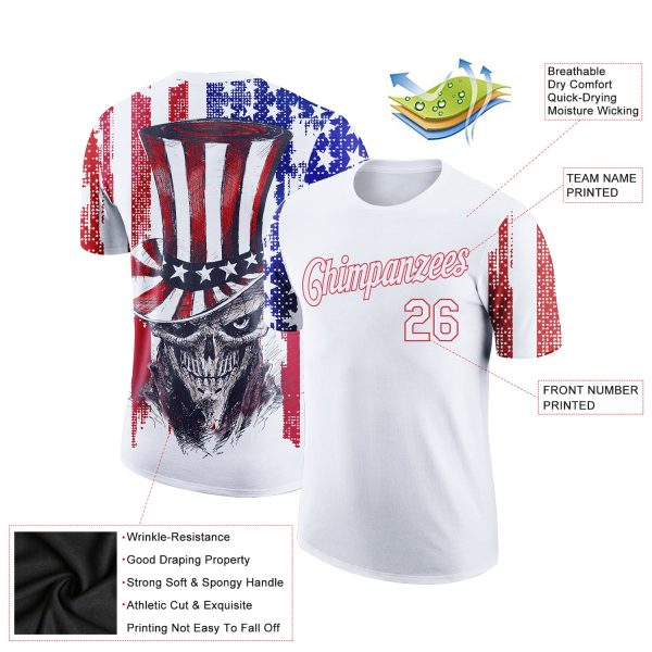Custom White Red-Royal 3D American Flag Skull Patriotic Performance T-Shirt - Image 2