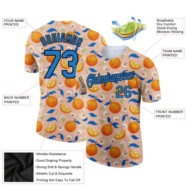 Custom Orange Blue-Black 3D Pattern Design Summer Holiday Fruit And Flower Performance T-Shirt - Image 2
