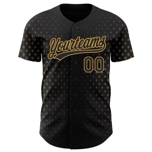 Custom Black Old Gold 3D Pattern Design Geometric Stars Authentic Baseball Jersey - Image 2