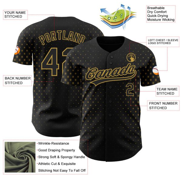 Custom Black Old Gold 3D Pattern Design Geometric Stars Authentic Baseball Jersey - Image 3