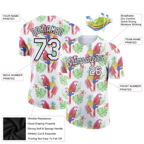 Custom White Black 3D Pattern Design Tropical Hawaii Bird And Fruit Performance T-Shirt - Image 2