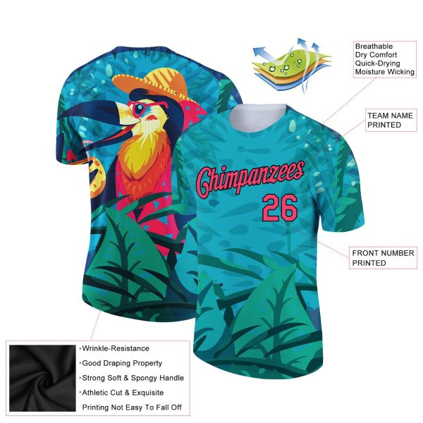 Custom Green Neon Pink-Black 3D Pattern Design Tropical Hawaii Pelican Performance T-Shirt - Image 2