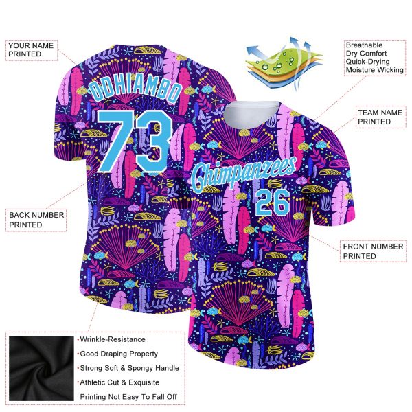 Custom Royal Sky Blue-White 3D Pattern Design Sea Coral Performance T-Shirt - Image 2
